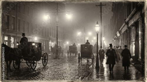 Night street in New York with horse carriages in 19th century