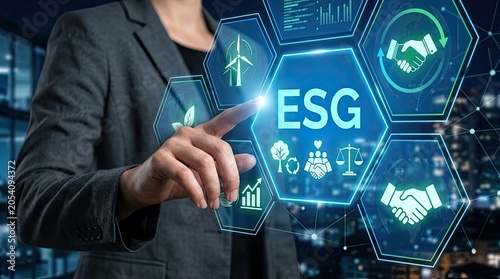 ESG concept visualized with icons and a person interacting with a digital interface.