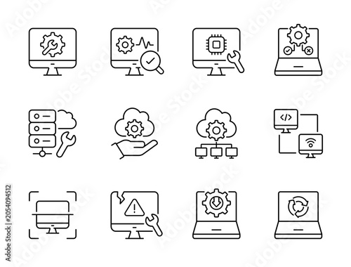 System maintenance icon set. Collection of hardware repair, server troubleshooting, cloud infrastructure administration and software update line icon vector illustration with editable stroke.