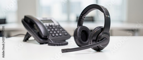 Office Desk with Telephone and Headset.