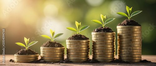 Stacks of gold coins with growing plants symbolizing financial growth and investment success.