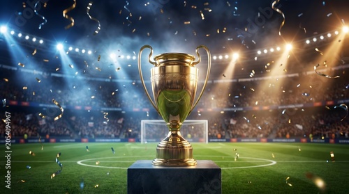 Golden soccer trophy on pedestal with confetti falling in stadium