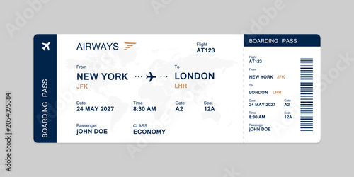 Realistic illustration of airplane ticket boarding pass with passenger name and destination. Concept of travel, journey or business trip.