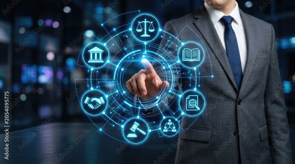 Fototapeta premium Digital Legal Technology Concept with Icons and Businessman.