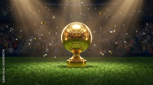 Golden soccer trophy on stadium grass with confetti and spotlights