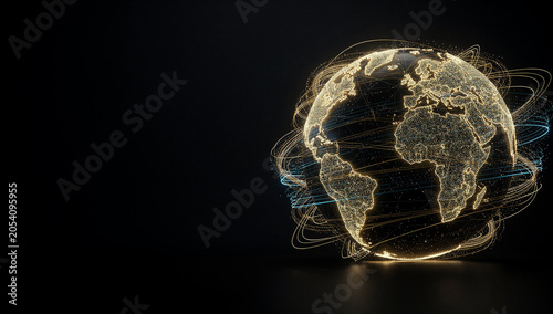 Global Connection Network with Digital Hologram Earth Globe on Dark Background