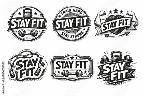 Stay fit vintage labels collection showing hand drawn badges with kettlebell, dumbbell, skipping rope, and flexing muscular arms for workout, fitness, and gym concepts