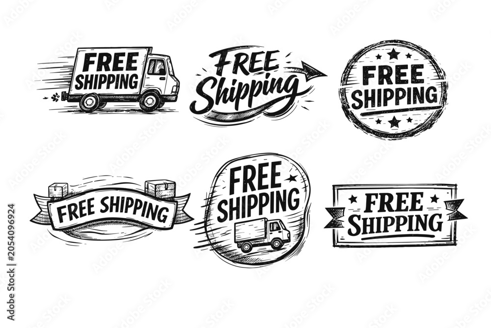 Fototapeta premium Free shipping grunge badges, labels, and stamps collection providing e-commerce, delivery, and logistic concepts for online business promotion and special offers