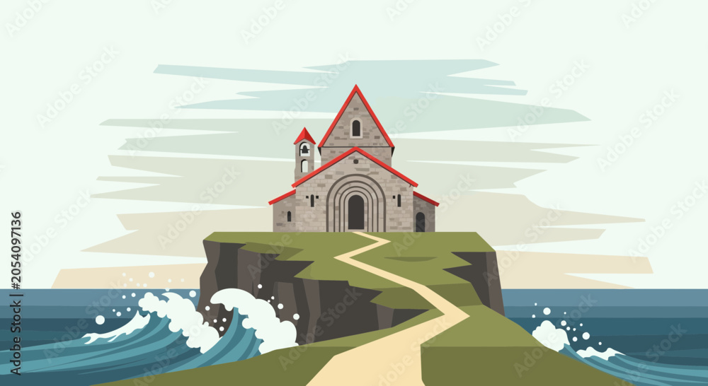 Naklejka premium Cliffside Church Overlooking Ocean Waves Scenic Illustration
