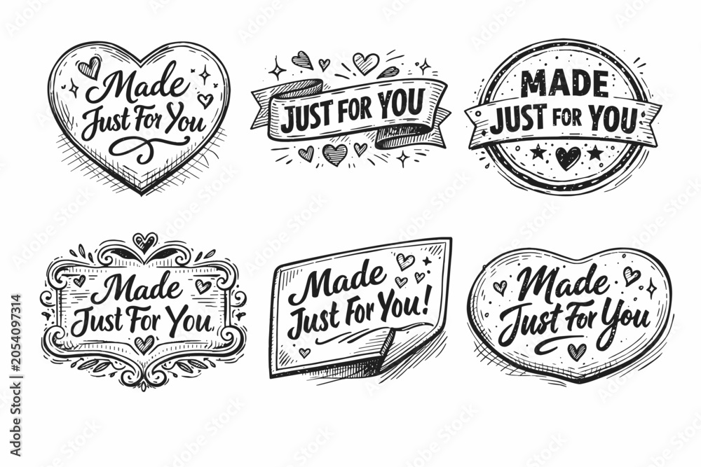 Obraz premium Hand drawn made just for you labels and badges set, featuring various doodle styles including ribbon banners, hearts, and decorative frames, indicating custom or personalized products with love