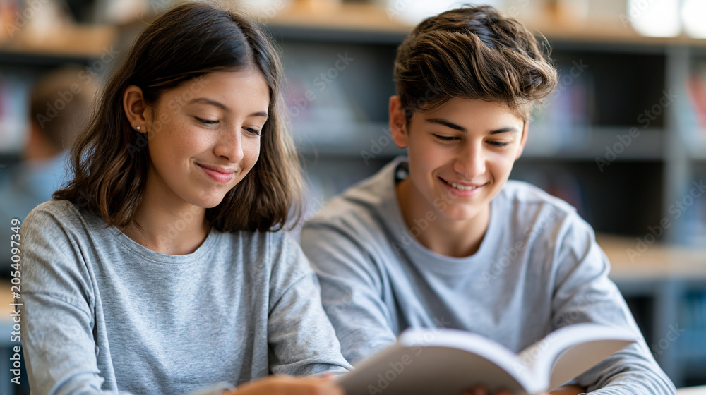 Obraz premium Students read softly a calm book at a bright school library and laugh in soft daylight library laugh open faces bright library daylight workspace soft book reading moment