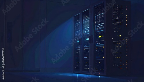 Dark Server Room with Blue Light Beam Illuminating Racks.