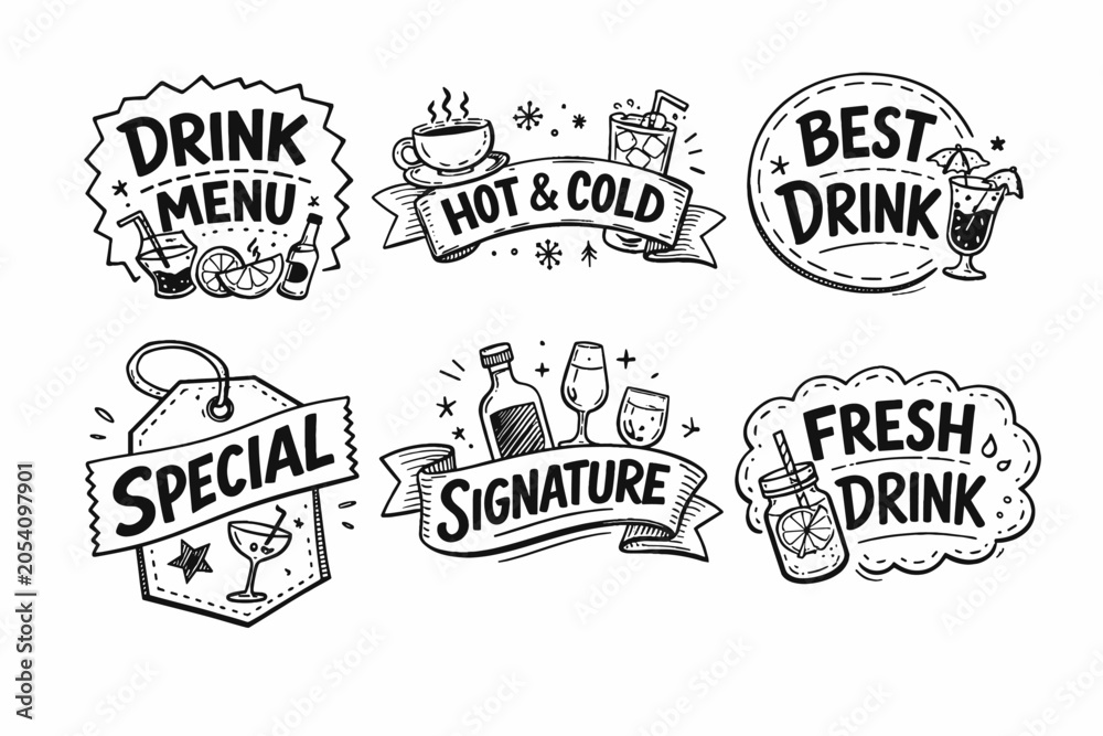 Fototapeta premium Hand drawn drink menu badges collection illustrating various beverage types, including hot, cold, fresh, special, and signature options for a bar or cafe design