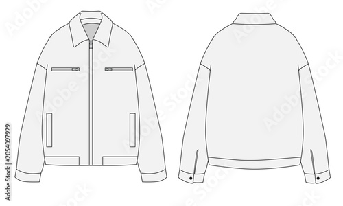 vector illustration of a white shirt. Vector technical sketch of a bomber jacket with a collar and zippered pockets. Sketch of a work jacket, front and back views. Vector template of a work jacket.
