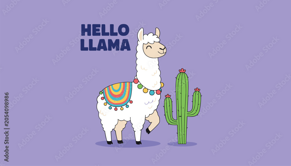 Naklejka premium Adorable cartoon illustration of a cute white llama standing next to a green cactus under hello llama text on purple.