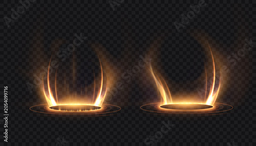 Set of glowing energy portals with vertical light flames, circular luminous bases, rising magical beams, soft sparks, and fantasy power effect on a dark background. Vector illustration.