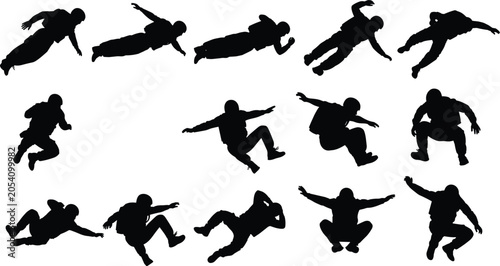 Картината върху платно Collection of skydiver silhouettes in various free fall poses and jumping positi