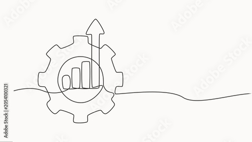 Self drawing line animation Productivity bar chart with gear continuous one single line drawn, Graph going up with an arrow, business concept animation video