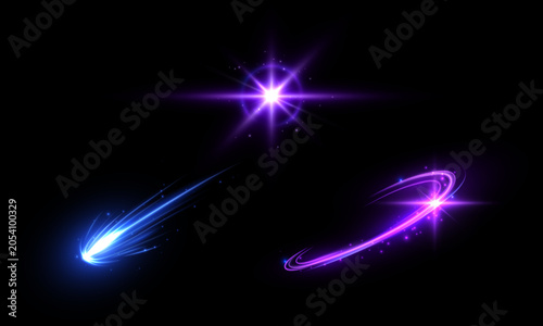Photos Set of glowing magic light effects with blue comet streak, purple star flare, curved energy trail, bright sparks, and luminous motion on a black background