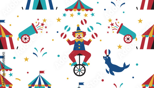 Colorful seamless pattern showcasing a circus theme with juggling clown on a unicycle, performing seal, and cannons.