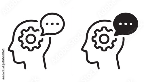 Obraz na plátne Cognitive Process and Communication Flow: This graphic illustrates two distinct heads, each containing a cogwheel symbolizing thought processes