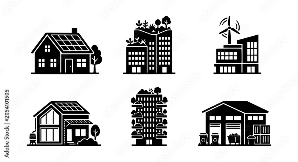 Naklejka premium Building icon set, silhouette style, white background
