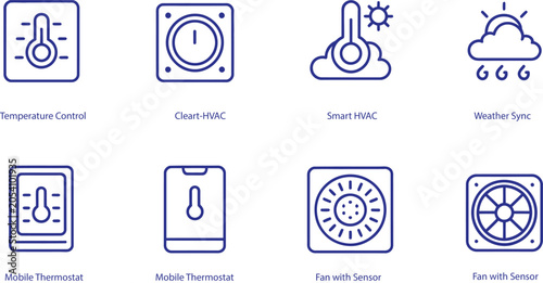 Set of modern hvac control and thermostat icons for smart home systems
