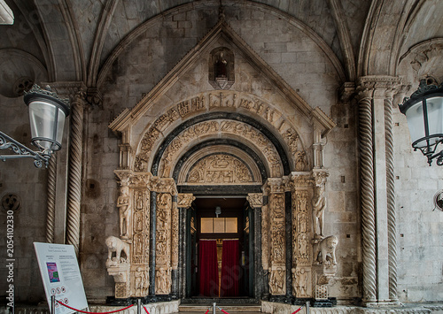 Carved portal in St. Lawrence Cathedral in Trogir, Croatia