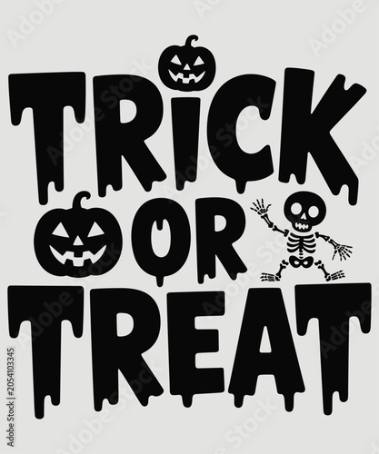 Trick or treat halloween typography with dripping black letters, two jack o lantern pumpkins, and a small dancing skeleton