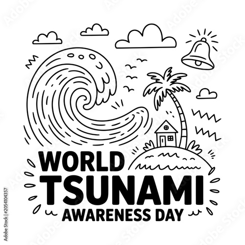World tsunami awareness day illustration showing a massive wave near tropical home.