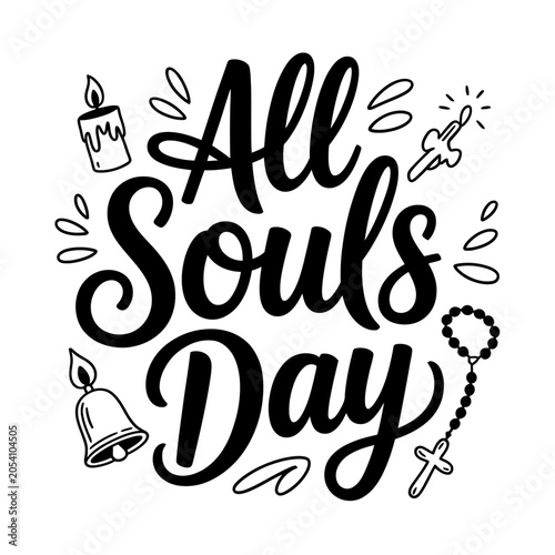 All souls day greeting card design with candles and beads for religious festival.