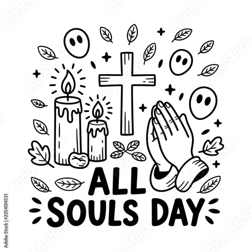 All souls day banner with prayer hands and burning candles for memorial events.
