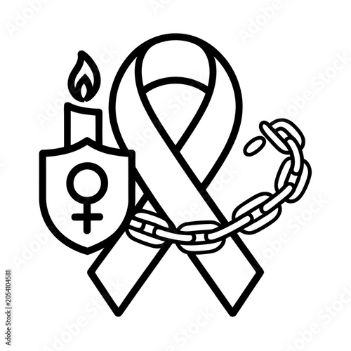 Woman rights awareness concept with awareness ribbon candle shield and iron chain.
