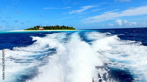 Speedboat wake in deep blue ocean water towards a tropical island with palm trees and beach
