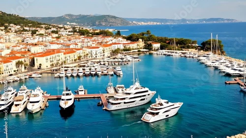 Luxury yachts and boats docked in a beautiful coastal harbor with a town in the background