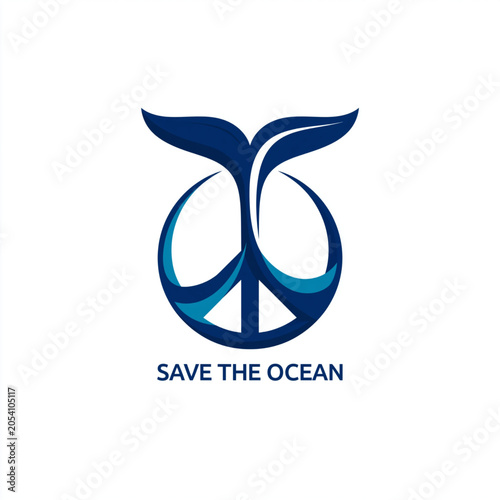 Whale tail Save the Ocean Vector logo, clean white background, two flukes elegantly curving outward and seamlessly transforming into the circular arms of the universal peace symbol.