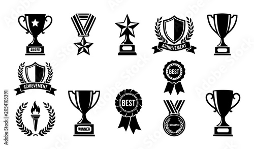 Achievement Award Icon Grid Featuring Gold Trophies Championship Cups Medals Ribbons Laurels And Star Recognition Symbols Outline Vector Set
