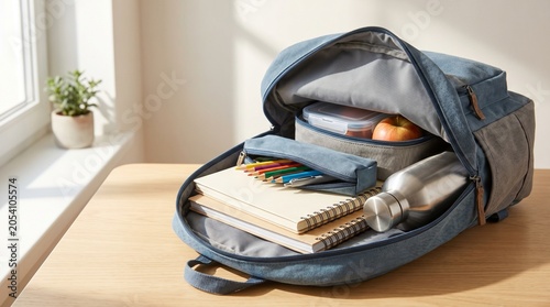Open backpack filled with school supplies and a water bottle  