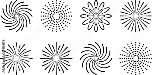 Abstract geometric firework burst icon set vector illustration featuring linear sunburst and radial dot patterns