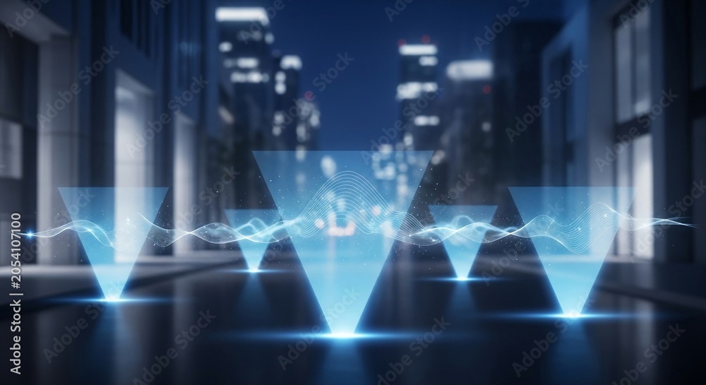 Fototapeta premium Futuristic digital network communication system with glowing triangular projections in a blurred city at night