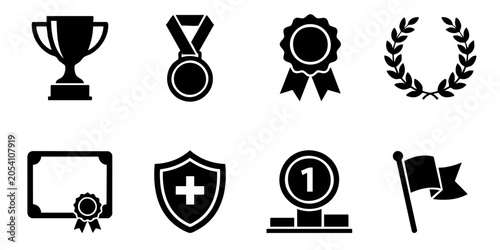 Fotografie A collection of achievement symbols including trophies, medals, and certificates