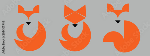 Creative collection of minimalist fox illustrations created from simple geometric shapes in a modern flat vector style. The set features three unique fox logo concepts with clean lines and balanced co