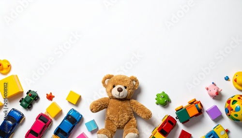 Colorful Assortment of Children Toys on White Background