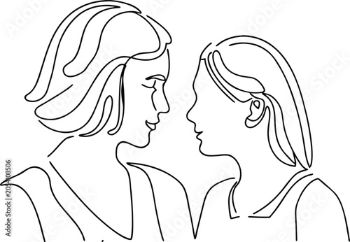 Two women looking at each other in profile view line art.