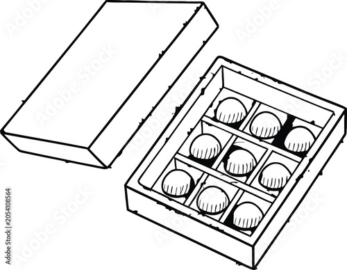 Box of chocolates with individual servings, lid open, ready to enjoy, isolated on white.