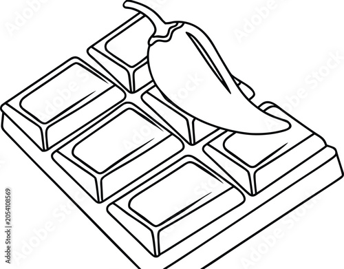 Chili pepper and chocolate bar vector line art drawing, spicy dessert ingredient illustration.