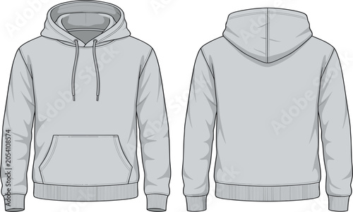 Blank grey hoodie mockup vector illustration, front and back view hooded sweatshirt template isolated on white background