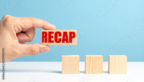 Recap Concept with Wooden Blocks Held by Hand on blue background 