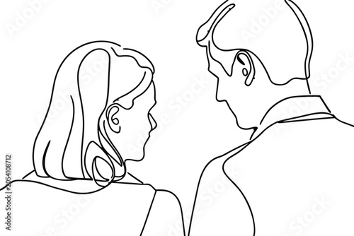 Continuous line drawing of man and woman looking at each other face to face.