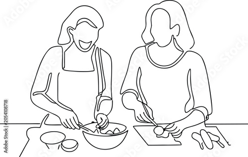 Continuous line drawing of two women preparing food together in kitchen at home.